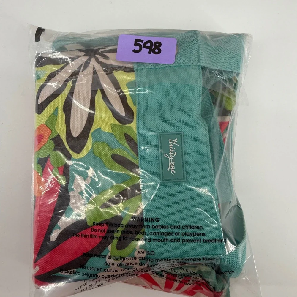Thirty-One Retro Metro Tote Bag Floral Teal Pink Canvas Shoulder Bag Pockets
